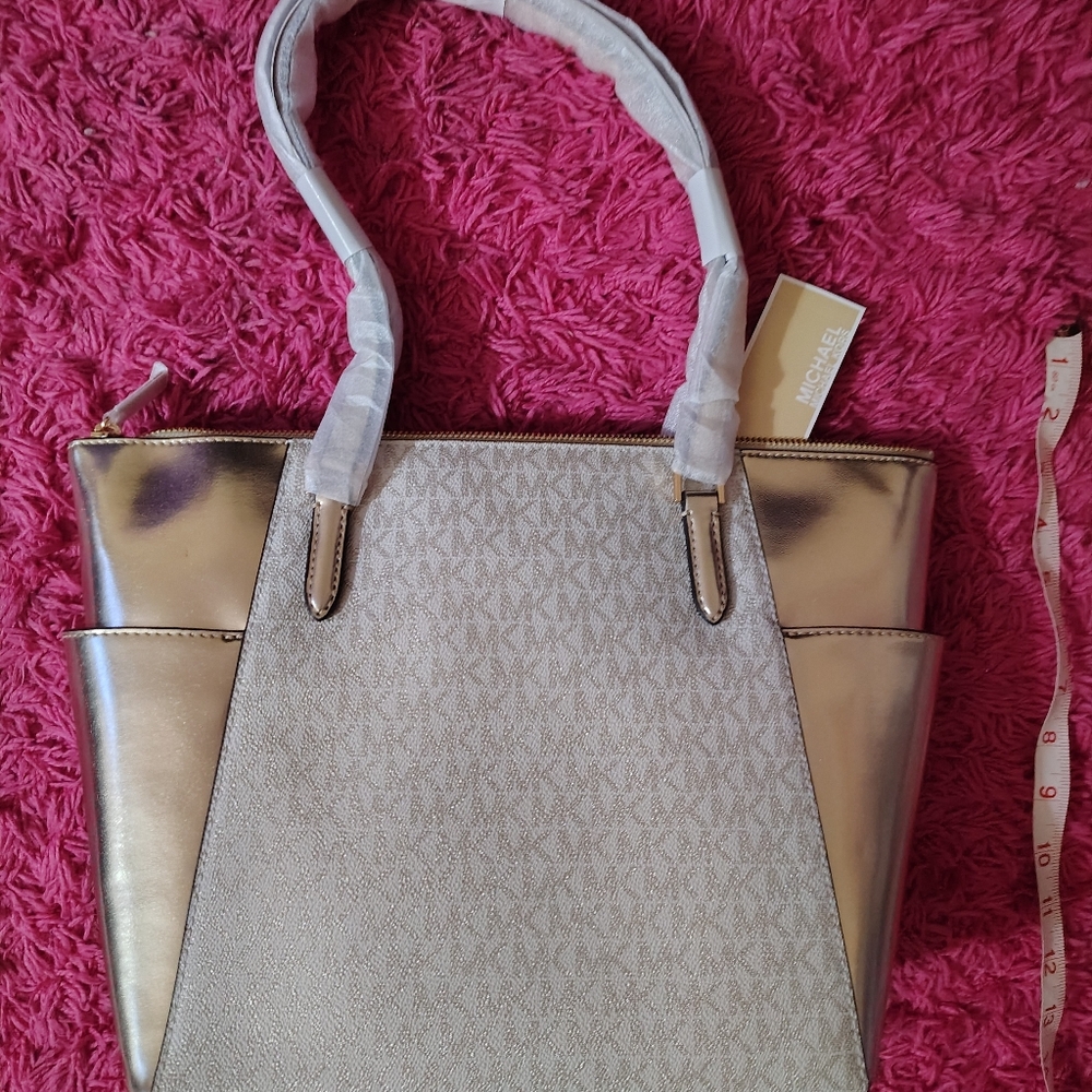 NWT Michael Kors Gold and Cream Women's Bag 11"L X 10"H. - Picture 2 of 7